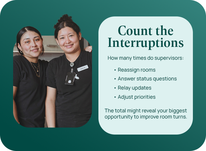 Graphic showing two housekeeping employees alongside examples of supervisor interruptions, including room reassignments, status questions, updates, and priority changes.