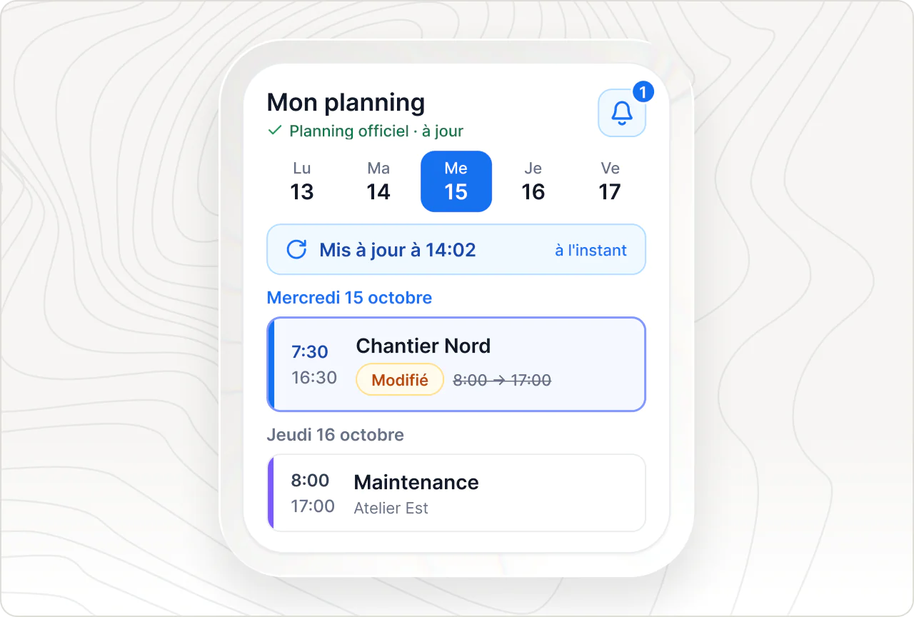 Application mobile « Mon planning » : planning officiel à jour, avec le créneau modifié signalé et mis à jour à l'instant.