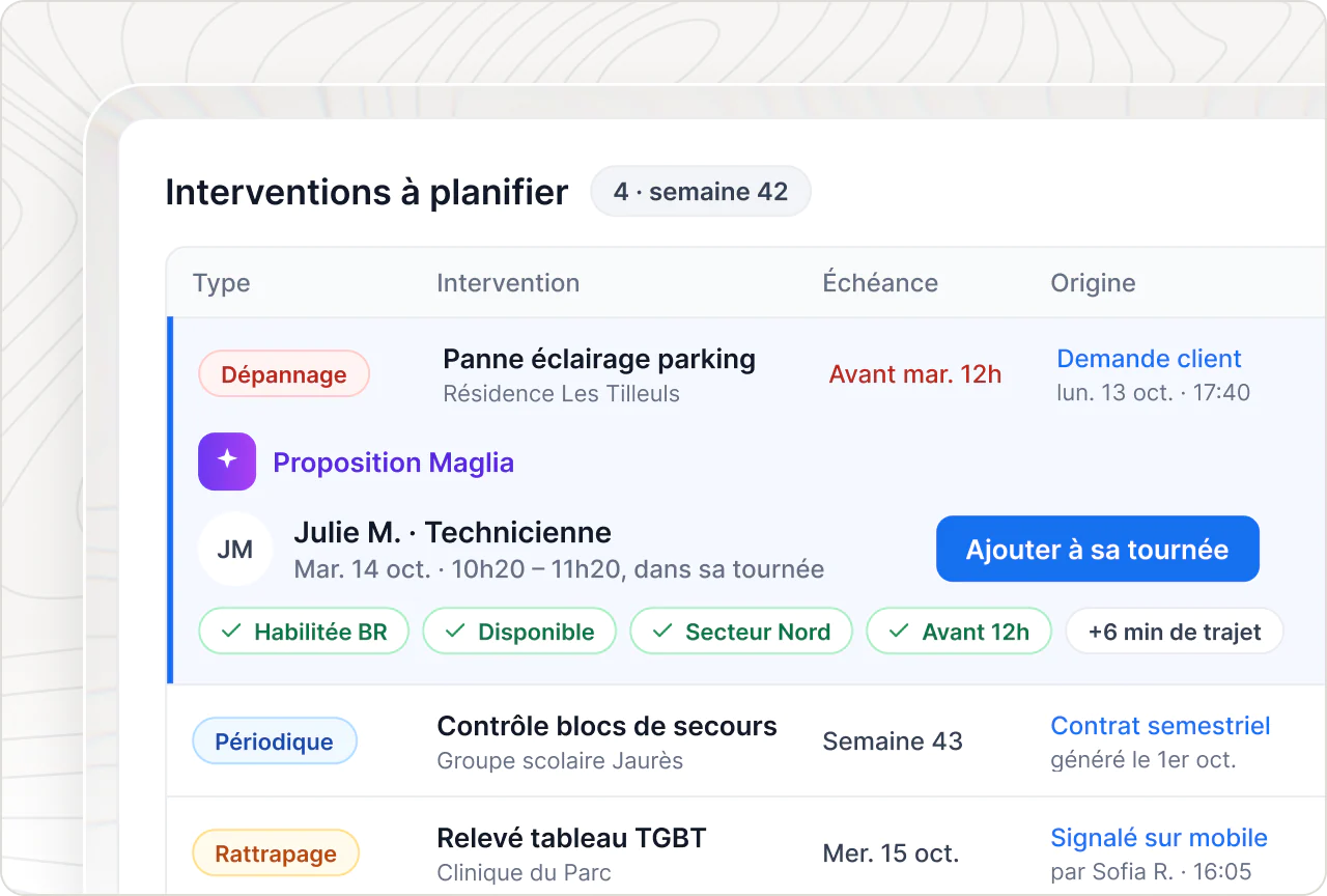 Logiciel de planification des interventions : une technicienne habilitée et disponible proposée, à ajouter à sa tournée