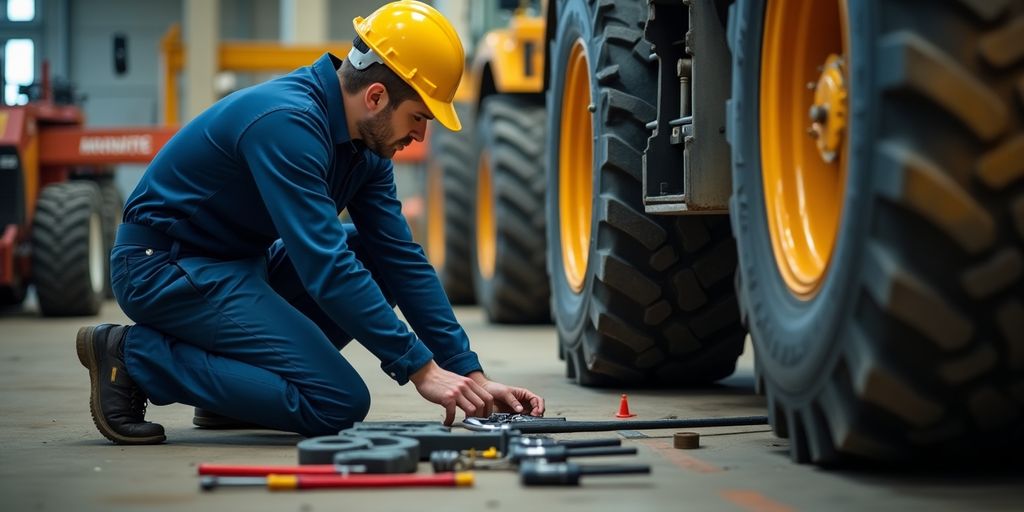 Technician working on heavy equipment maintenance in workshop.