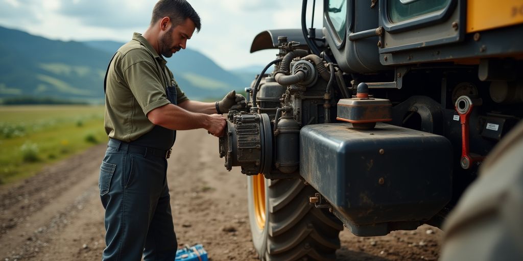 Mechanic servicing heavy equipment in an outdoor setting.