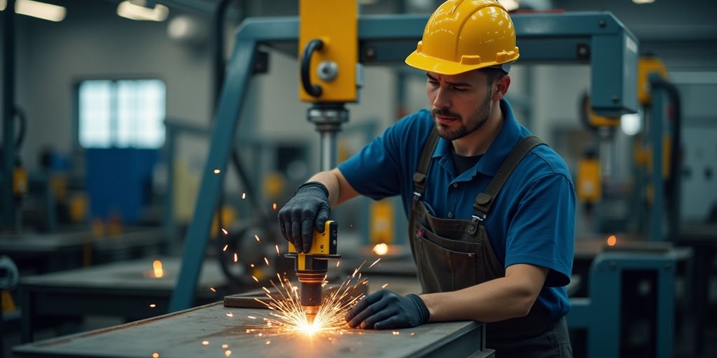 Worker with industrial equipment in a safe environment.