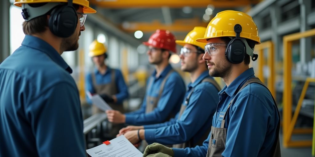 Workers in PPE in an industrial machinery setting.