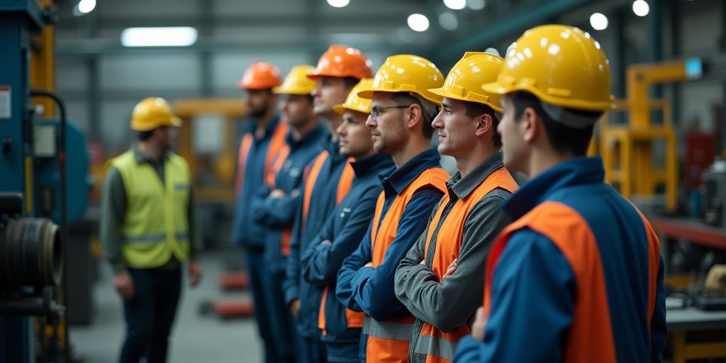 Operators training in safety gear at an industrial workshop.