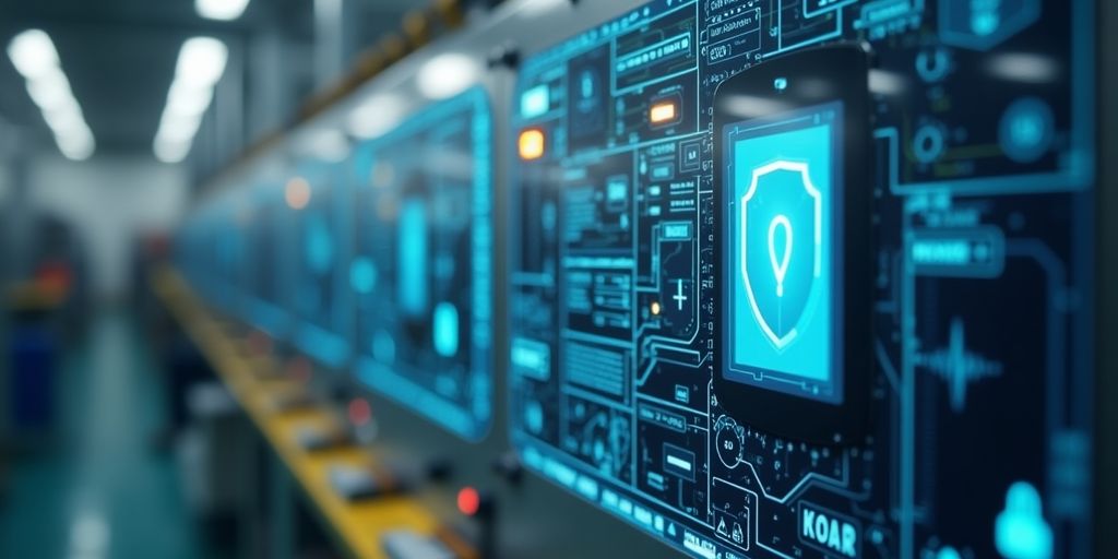 Close-up of advanced industrial machinery with digital security features.