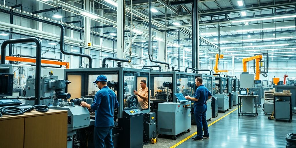 Workers operating advanced machinery in a factory setting.
