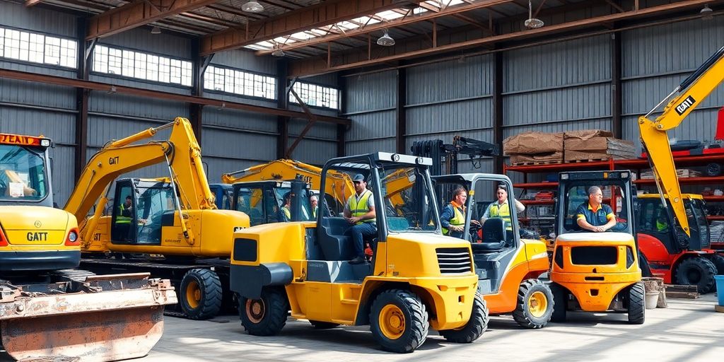 A busy workshop with heavy machinery in action.