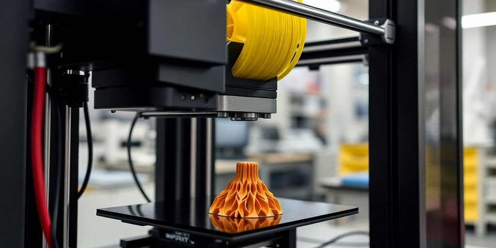 3D printer working on detailed colorful parts.