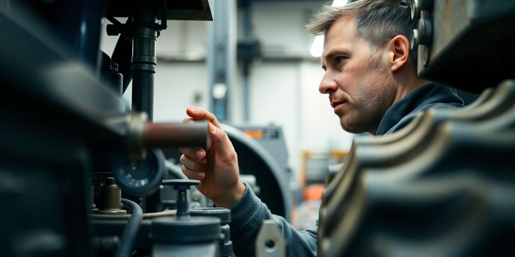 Mechanic inspecting heavy equipment in a workshop setting.