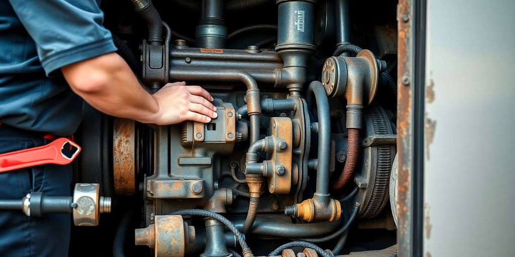 Mechanic inspecting heavy equipment engine components.