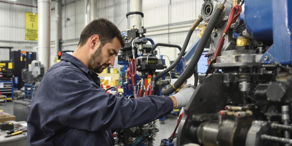 Technician inspecting heavy machinery in a workshop.