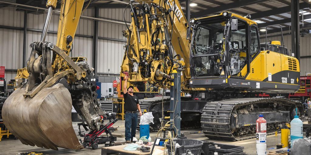 Mechanic inspecting heavy equipment in a workshop.
