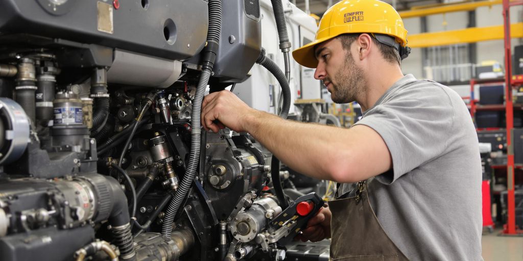 Mechanic working on heavy machinery for maintenance.