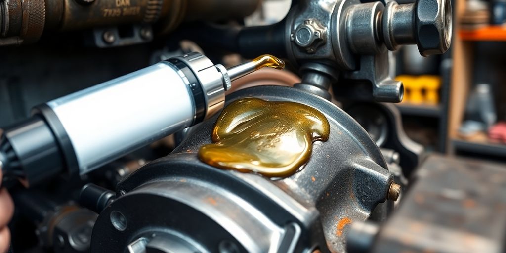 Heavy machinery parts being lubricated with a grease gun.