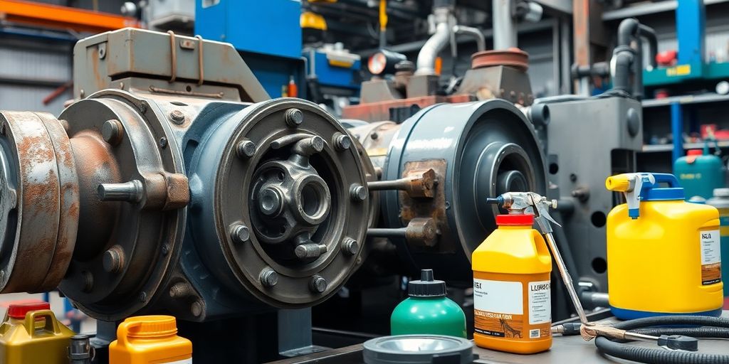 Heavy machinery with lubrication tools in an industrial setting.