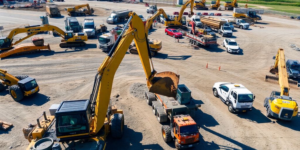 Aerial view of heavy equipment on a construction site.