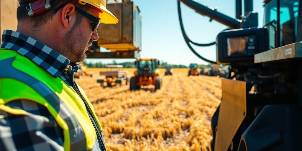 Heavy machinery operator inspecting equipment in a field.