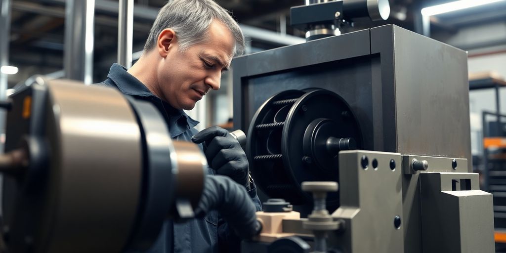 Technician maintaining industrial machinery in a workshop setting.