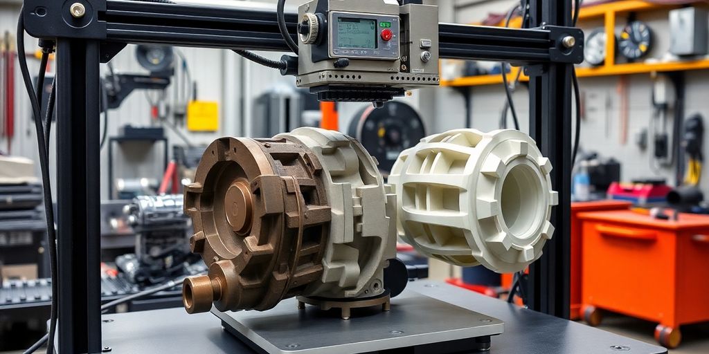 3D printer producing heavy machinery components in a workshop.