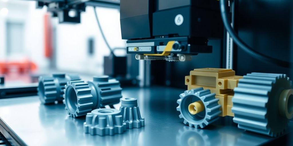 3D printer creating heavy machinery parts with advanced materials.