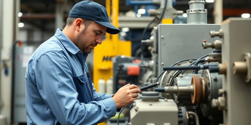 Technician inspecting machinery in a factory for maintenance.