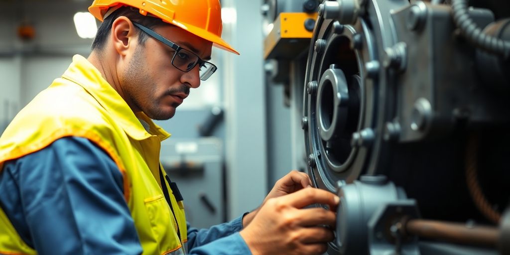 Technician inspecting machinery for maintenance and upkeep.