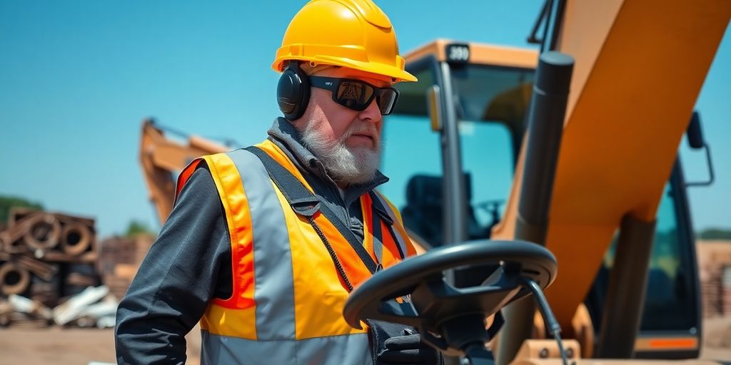 Heavy equipment operator in safety gear on construction site.