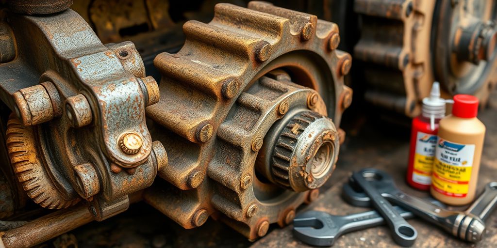 Close-up of worn heavy equipment components and tools.