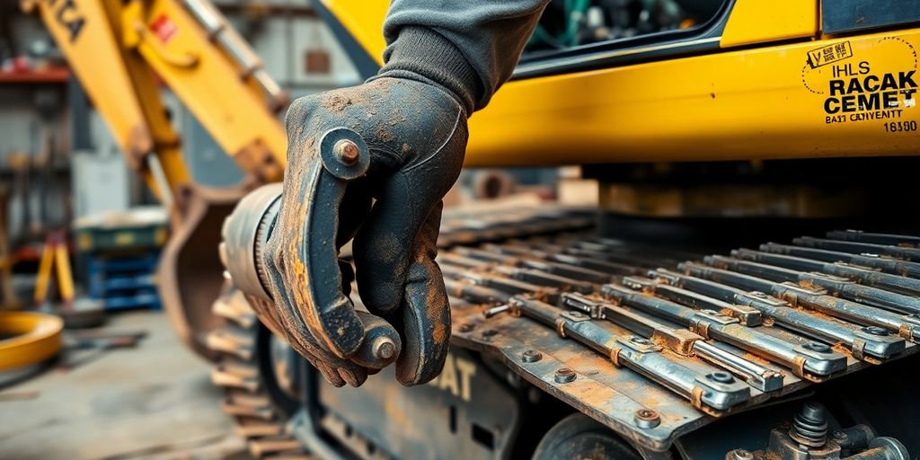 Mechanic repairing heavy equipment in a workshop setting.