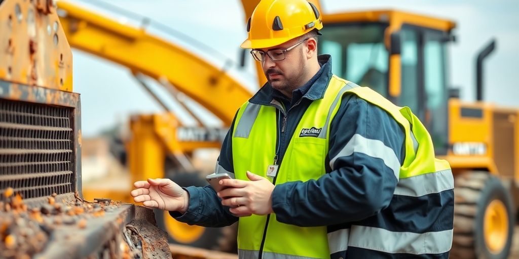 Operator inspecting heavy equipment for maintenance and training.