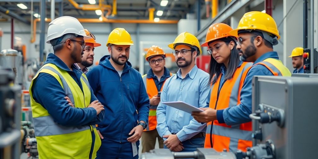 Team inspecting equipment in a professional workshop setting.