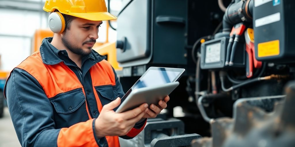 Technician inspecting equipment with a tablet for compliance.