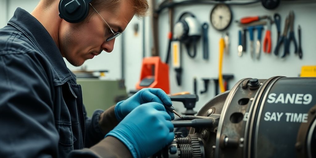 Technician maintaining machinery with tools in a workshop.
