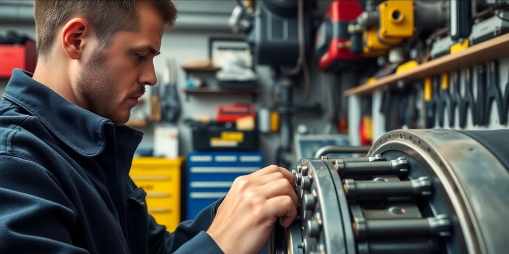 Technician performing maintenance on machinery in workshop.