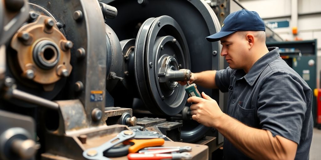 Technician inspecting heavy machinery in an industrial setting.