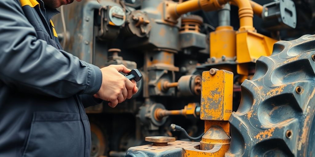 Mechanic inspecting heavy machinery during maintenance.