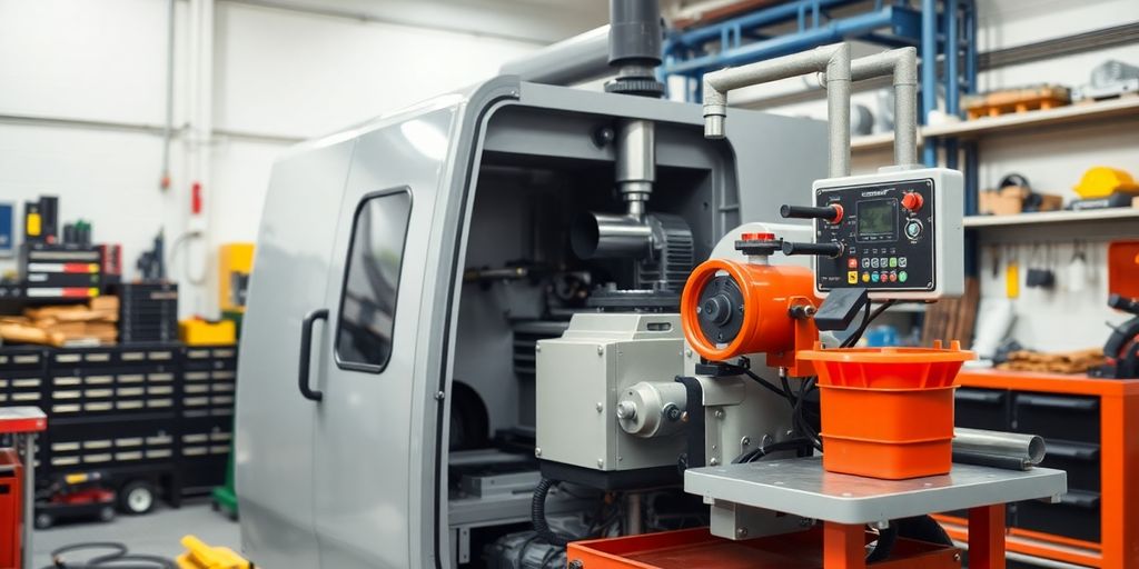 Industrial machine in a clean workshop with tools.
