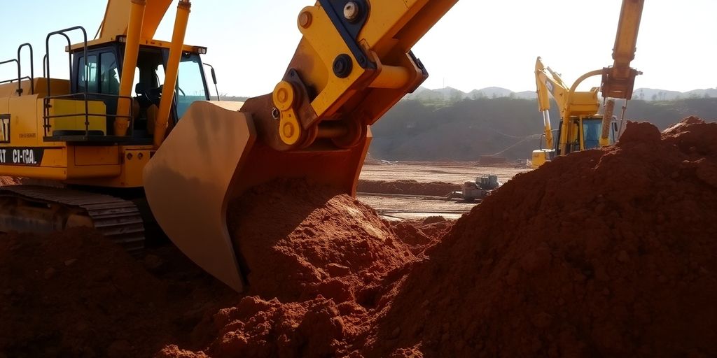 Excavator digging trench, sunlight, construction site.