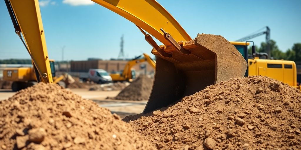 Excavator digging dirt at construction site