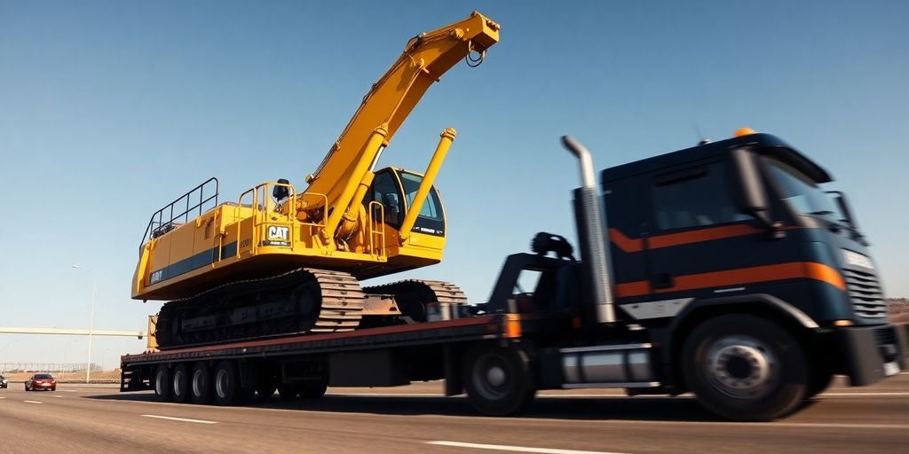 Large machinery on flatbed truck, highway.