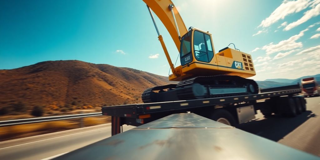 Large truck hauling excavator on highway.