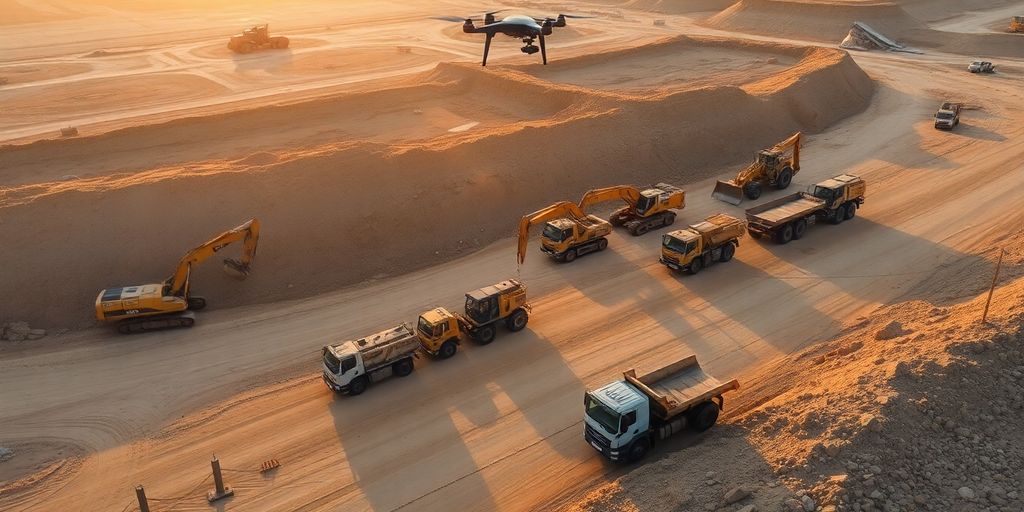 Construction vehicles on a dirt road at sunset