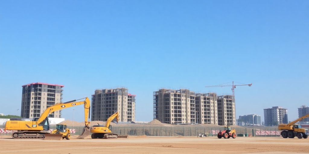 Construction vehicles on a multi-phase building site.