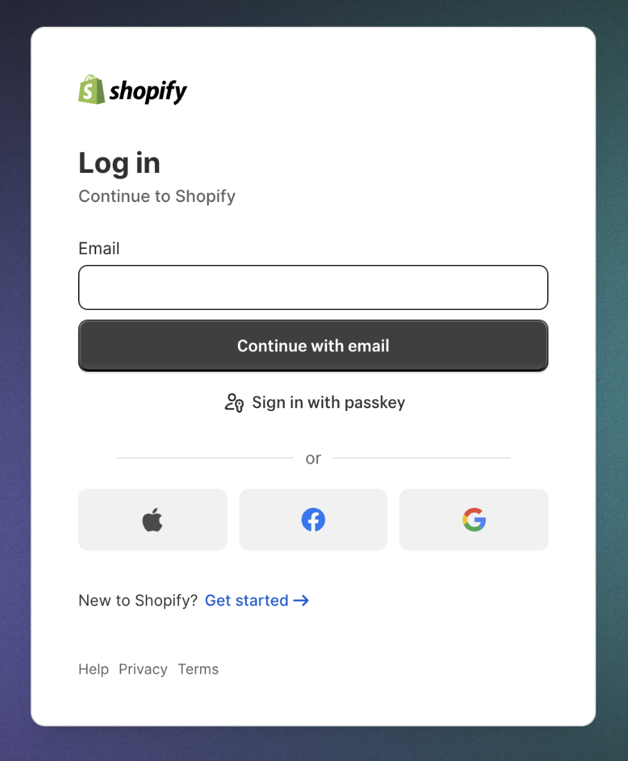 Shopify login screen October 2024