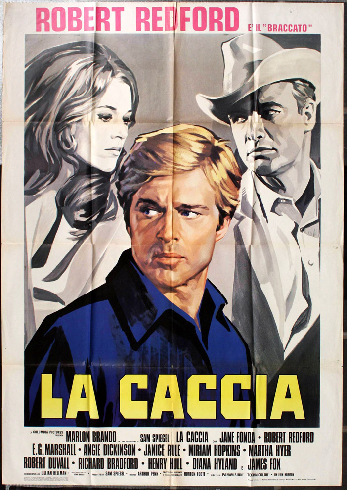 1966 Italian 2 Sheet SS/Folded (39x55in) The Chase poster. Film directed by Arthur Penn, starring Robert Redford, Marlon Brando, Jane Fonda, E.G. Marshall, Angie Dickinson, Janice Rule, Miriam Hopkins, Martha Hyer, Richard Bradford, Robert Duvall.