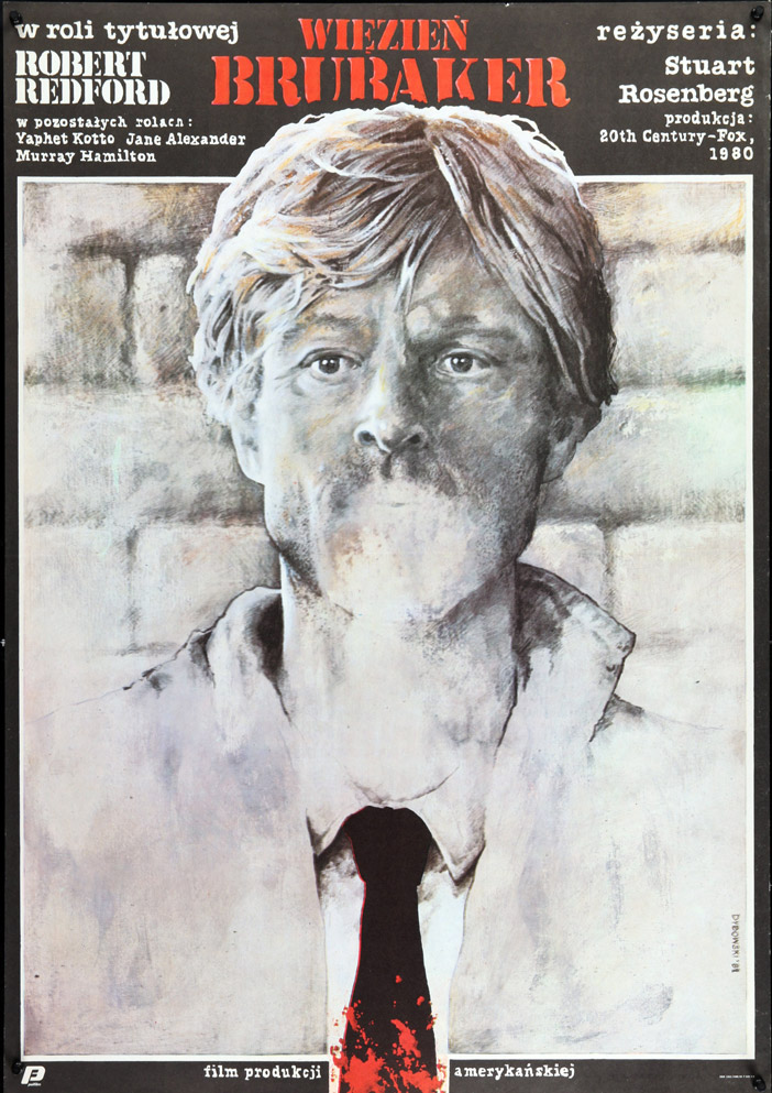 1984 Polish First Release B1 SS/Folded (27x38in) Brubaker poster designed by Witold Dybowski. Film directed by Stuart Rosenberg, starring Robert Redford, Yaphet Kotto, Jane Alexander, Murray Hamilton, David Keith, Morgan Freeman, Matt Clark, Tim McIntire, Richard Ward.