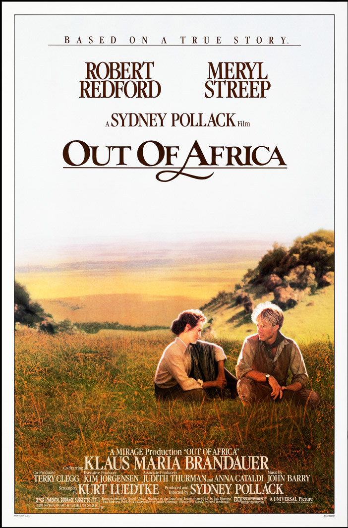 1985 US SS/Rolled&Folded Out of Africa poster. Film directed by Sydney Pollack, starring Robert Redford, Meryl Streep, Klaus Maria Brandauer, Michael Kitchen, Malick Bowens, Joseph Thiaka, Stephen Kinyanjui, Michael Gough, Suzanna Hamilton.