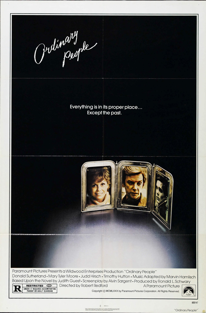 1980 US SS/Folded Ordinary People poster. Film directed by Robert Redford, starring Mary Tyler Moore, Donald Sutherland, Timothy Hutton, Judd Hirsch, M. Emmet Walsh, Elizabeth McGovern, Adam Baldwin, Dinah Manoff, James B. Sikking