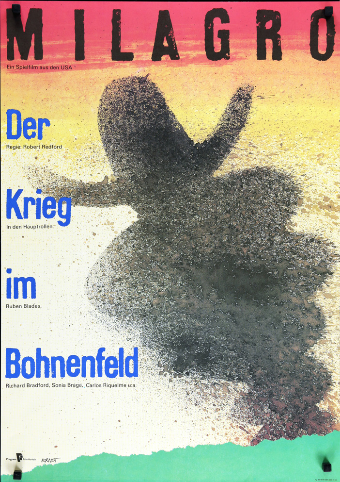 1989 East German Original Release SS/Folded (23x32in) The Milagro Beanfield War poster designed by Ernst. Film directed by Robert Redford, starring Rubén Blades, Richard Bradford, Sonia Braga, Julie Carmen, Melanie Griffith, John Heard, Carlos Riquelme, Daniel Stern, Chick Vennera, Christopher Walken.