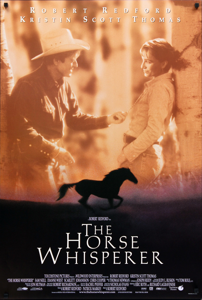1998 US International DS/Rolled The Horse Whisperer poster. Film directed by Robert Redford, starring Robert Redford, Kristin Scott Thomas, Scarlett Johansson, Sam Neill, Chris Cooper, Dianne Wiest, Cherry Jones, Jeanette Nolan, Don Edwards, Ty Hillman, Kate Bosworth, Steve Frye.